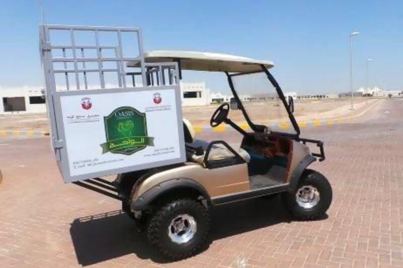 Golf carts transport goats and sheep at Al Wathba abattoir. Abu Dhabi Media