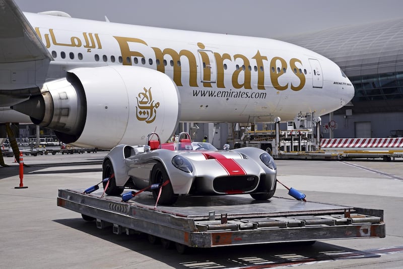 A UAE-built Jannarelly Design-1 sports car transported by Emirates SkyCargo. Middle East air freight volumes rose in February. Emirates Wheels
