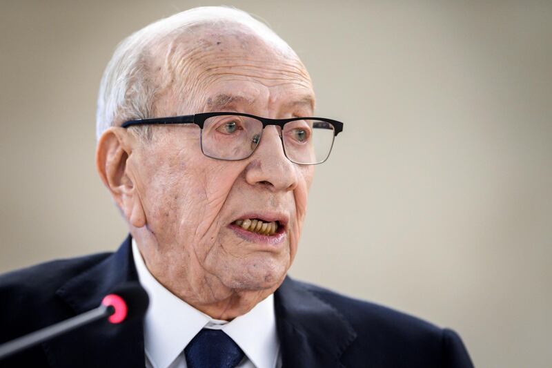 (FILES) In this file photo taken on February 25, 2019 Tunisian President Beji Caid Essebsi delivers a speech during the opening day of the 40th session of the United Nations (UN) Human Rights Council in Geneva.  Essebsi, 92, is 'seriously ill' and hospitalised, the Tunisian presidency said on June 27, 2019. / AFP / Fabrice COFFRINI
