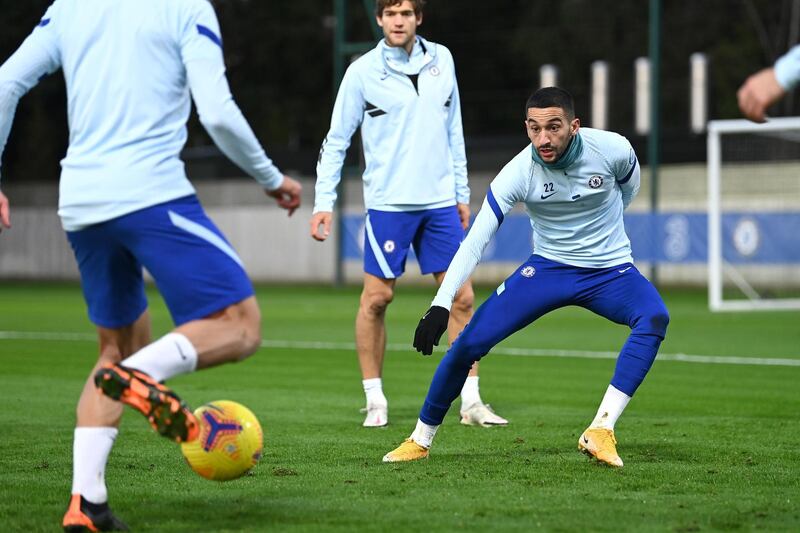 COBHAM, ENGLAND - NOVEMBER 19:  Hakim Ziyech of Chelsea during a training session at Chelsea Training Ground on November 19, 2020 in Cobham, United Kingdom. (Photo by Darren Walsh/Chelsea FC via Getty Images)
