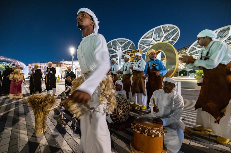 The UAE's Al Noban Troupe and Morocco's Hassada Troupe perform on the Earth Stage. Photo: Expo 2020 Dubai