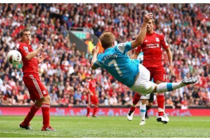 Sebastian Larsson fires home his brilliant equaliser for Sunderland against Liverpool at Anfield on Saturday. Clive Brunskill / Getty Images
