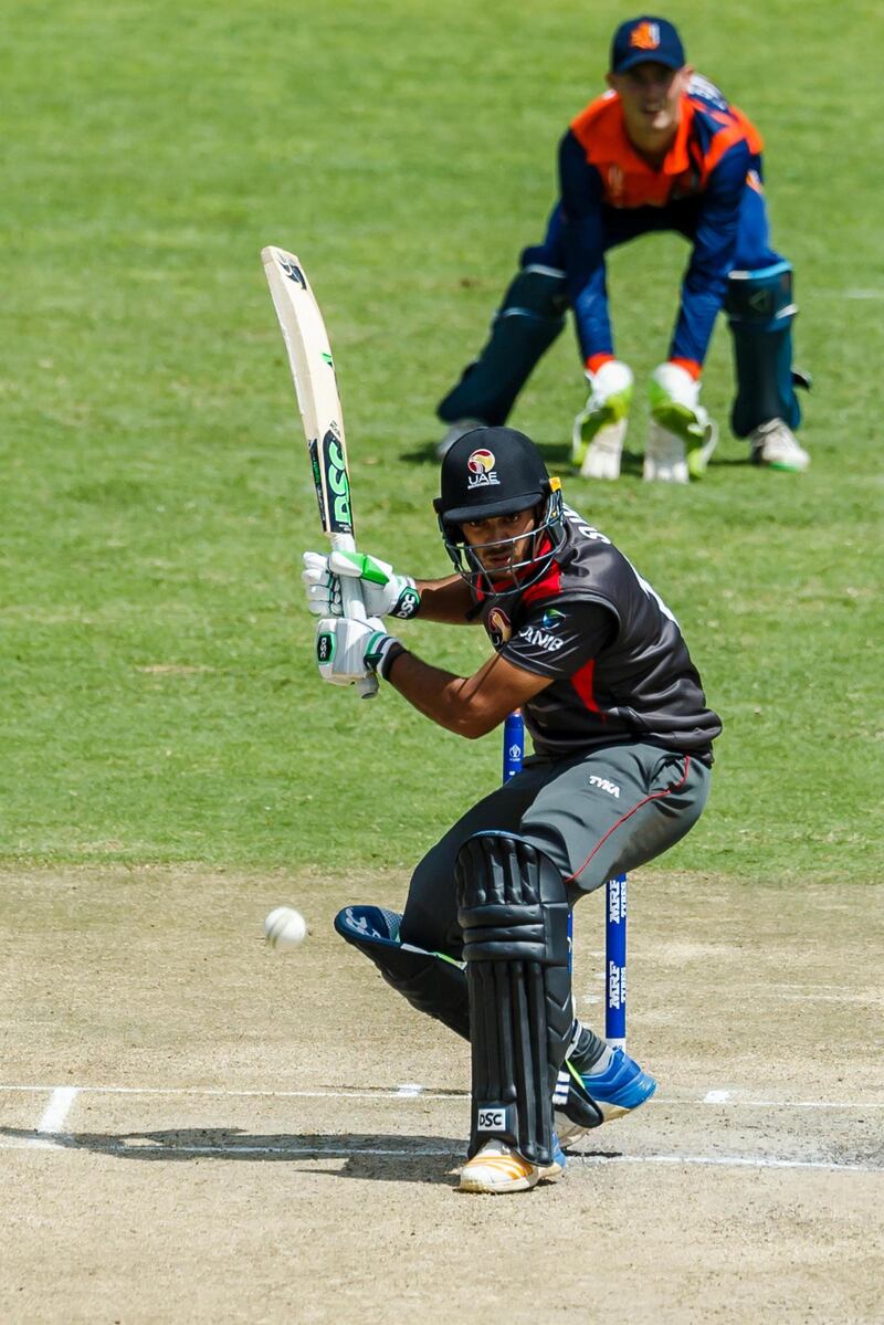 UAE batsman Chirag Suri in batting stance during a Group A World Cup Qualifier cricket match played between United Arab Emirates and the Netherlands at Harare Sports Club in Harare March 8 2018. Courtesy ICC