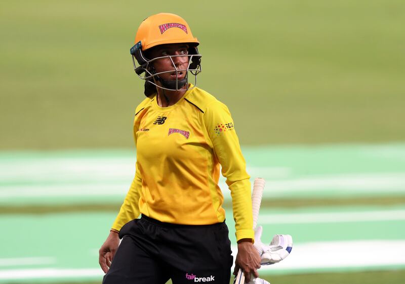 Warriors' Sindhu Sriharsha walks off after losing her wicket.