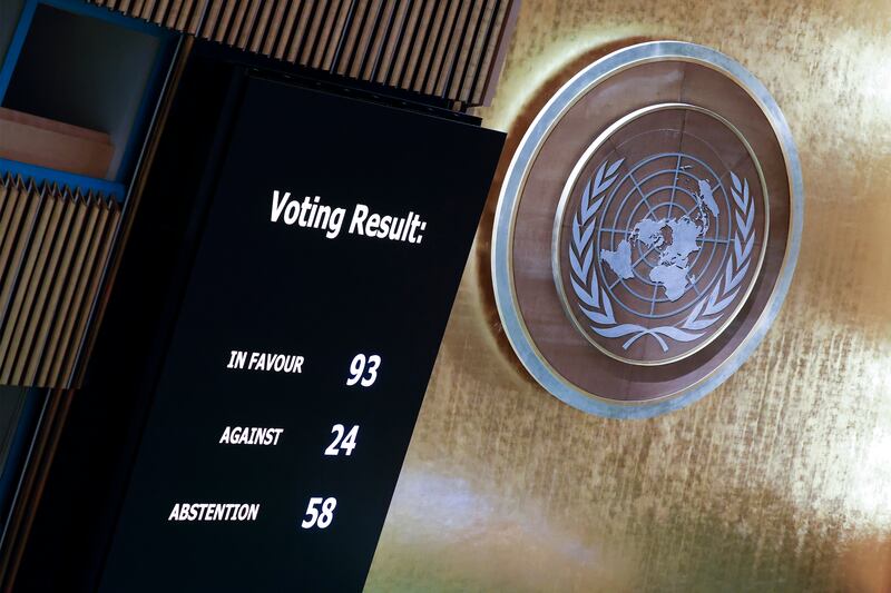 Screens show results from voting by the UN General Assembly in New York as member countries pass a resolution to suspend Russia from the Human Rights Council after Moscow's invasion of Ukraine. EPA