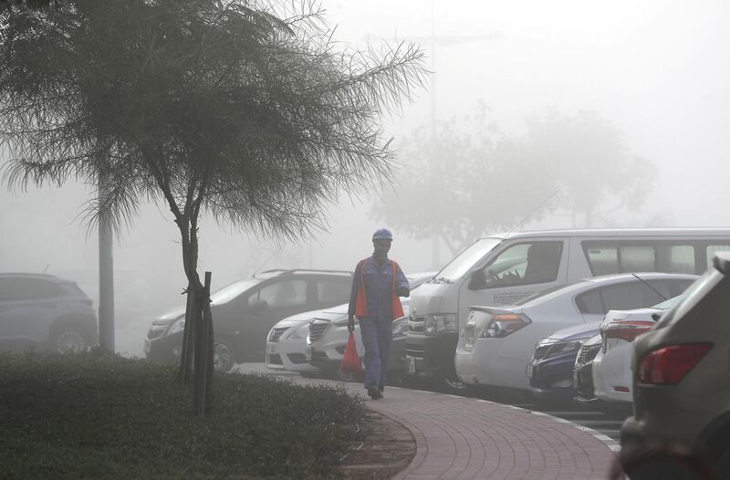 DUBAI, UNITED ARAB EMIRATES , Feb 16  – 2020 :-   Early morning fog in Discovery Gardens area in Dubai.  (Pawan  Singh / The National) For News/Online/Instagram. 