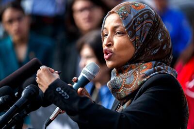 epa07351078 Democratic Representative from Minnesota Ilhan Omar delivers remarks during a press conference on deportation at Capitol Hill in Washington, DC, USA, 07 February 2019. During the press conference Representatives called for a cutoff of funding to ICE (US Immigration and Customs Enforcement) and CBP (US Customs and Border Protection).  EPA/SHAWN THEW