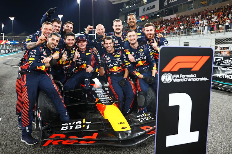 Race winner Max Verstappen with his Red Bull team after the race. Getty Images