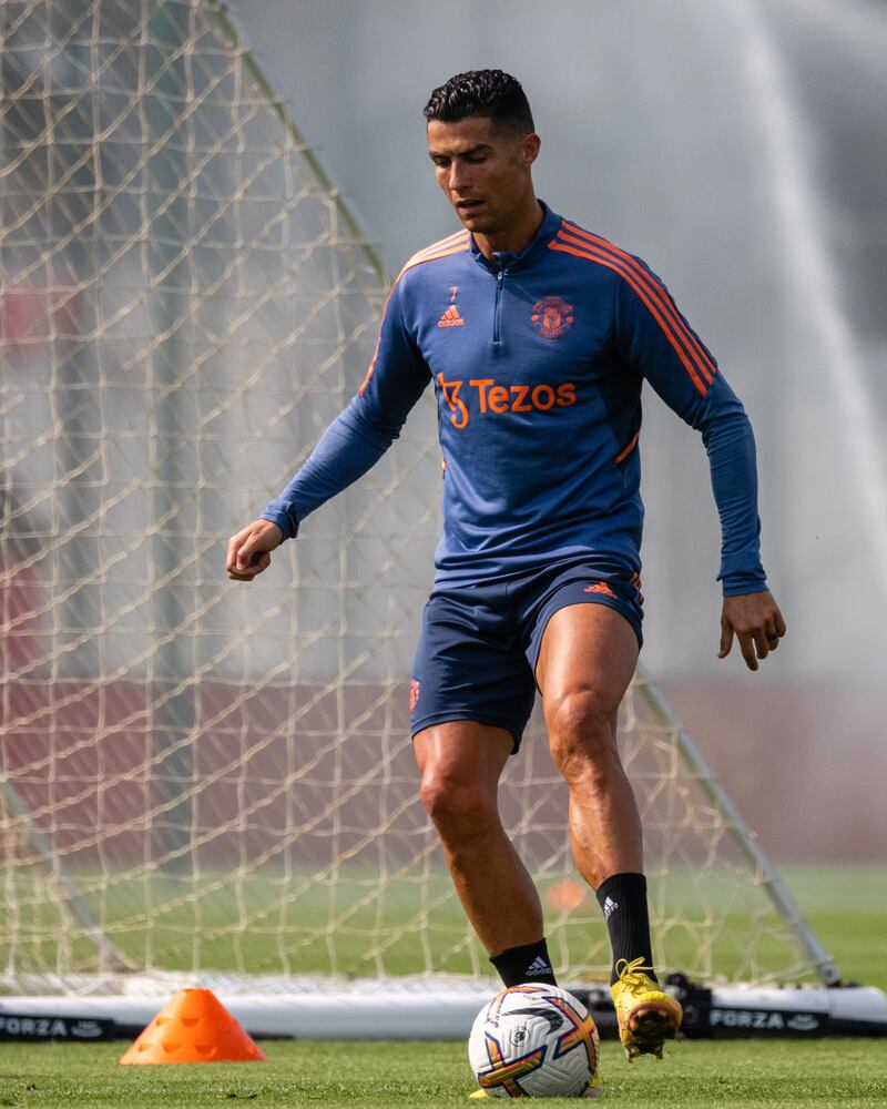 Cristiano Ronaldo during Manchester United's training session ahead of Sunday's clash against Arsenal. Getty