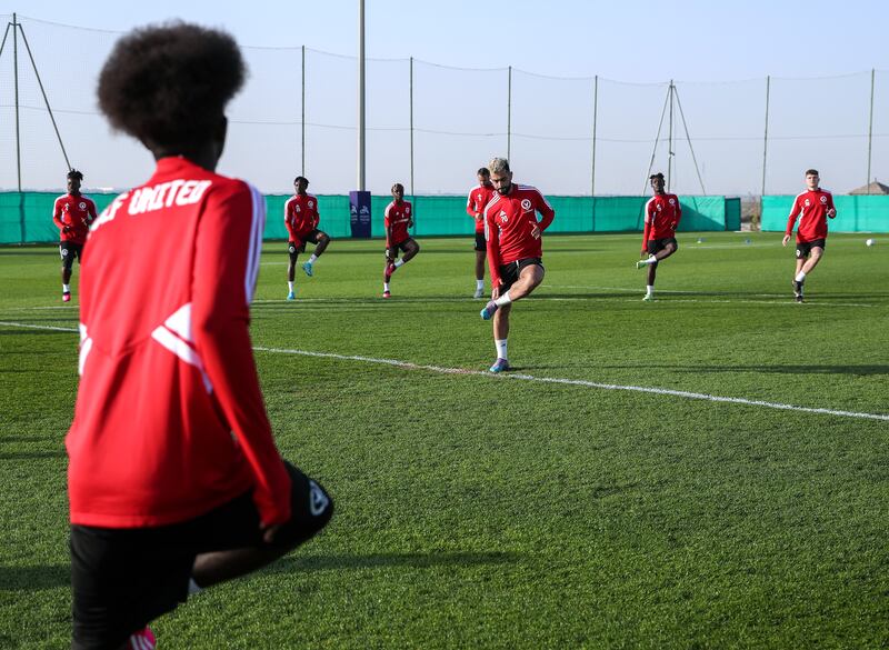 Gulf United players take part in training in Dubai.