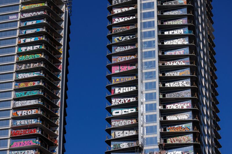 Unfinished high-rises that have attracted graffiti artists after the developer ran out of money, in central Los Angeles. Reuters