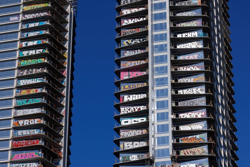 Unfinished tower blocks in central Los Angeles that have become canvases for graffiti artists after the developer ran out of money. Reuters