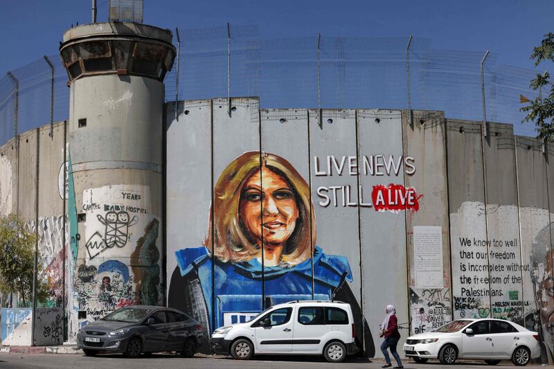 A mural depicting Al Jazeera journalist Shireen Abu Akleh, who was killed while covering an Israeli army raid in Jenin in May. AFP