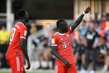 Bayern Munich forward Sadio Mane, right, celebrates his goal against D. C.  United, next to Tanguy Nianzou during the first half of a friendly soccer match Wednesday, July 20, 2022, in Washington.  (AP Photo / Nick Wass)