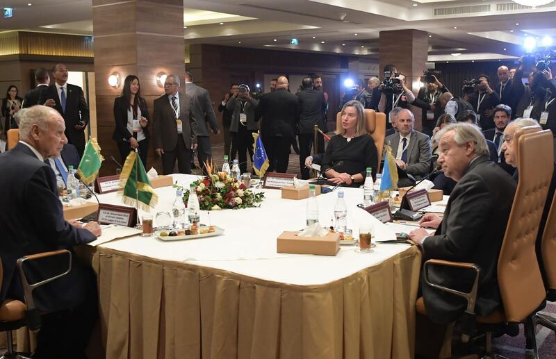 Arab League Secretary General Ahmed Aboul Gheit, Chairperson of the African Union Commission Moussa Faki, High Representative of the European Union for Foreign Affairs and Security Policy Federica Mogherini and UN Secretary-General Antonio Guterres attend a meeting. AFP