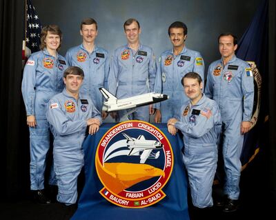 (20 May 1985) --- Seven 51-G crew members take a break from training and other preparations for their June flight aboard the Discovery to pose for a group photograph. Kneeling in front are astronauts Daniel C. Brandenstein (left) and John O. Creighton, commander and pilot, respectively. Astronauts Shannon W. Lucid, Steven R. Nagel and John M. Fabian, mission specialists (l.-r.) join Payload Specialists Sultan Salman Abdelazize Al-Saud (second right) and Patrick Baudry on the back row. NASA
