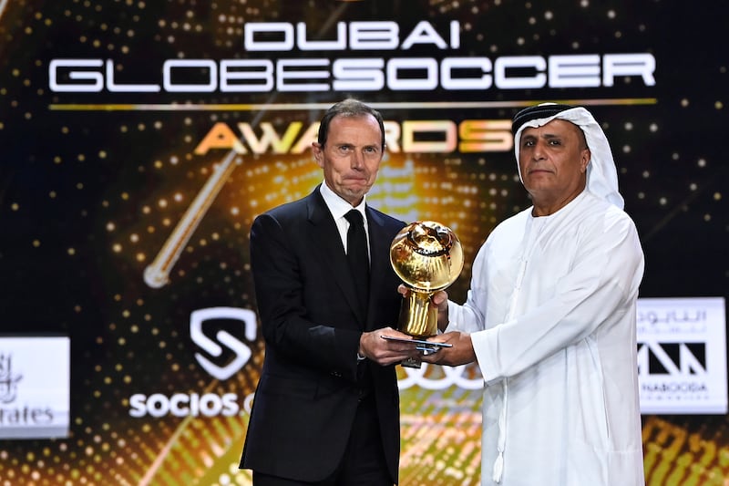 Spanish legend Emilio Butragueno accepts Real Madrid's award for Best Men's Club of the Year. Photo: Dubai Globe Soccer Awards 2022