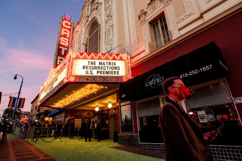 A green carpet lines the front of the Castro Theatre before the premiere of 'The Matrix Resurrections' in San Francisco. AP Photo