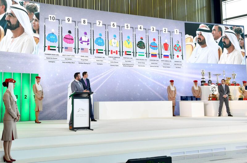 Vice President, Prime Minister of the UAE and Ruler of Dubai His Highness Sheikh Mohammed bin Rashid Al Maktoum attended the Post Position Draw for the Dubai World Cup 2018, which will take place on Saturday 31st March, at Meydan Race Course in Dubai. Wam