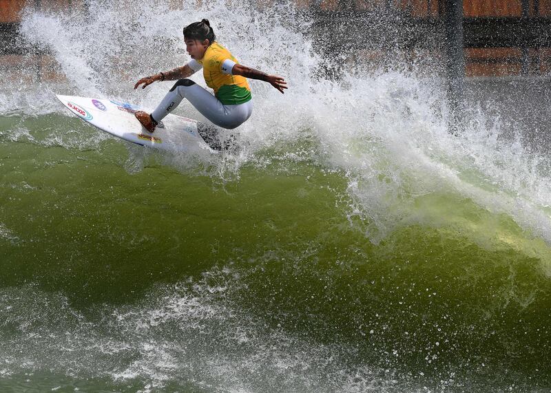 Silvana Lima of Brazil surfs off the lip during round two of the WSL Founders' Cup of Surfing, at the Kelly Slater Surf Ranch in Lemoore, California. Mark Ralston / AFP