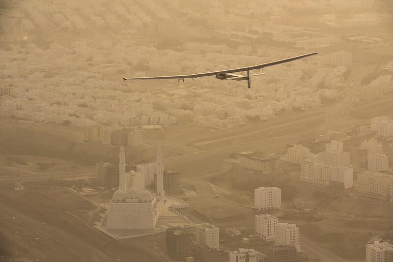 MUSCAT, OMAN - MARCH 10:  In this handout image supplied by Jean Revillard, Solar Impulse 2, a solar-powered airplane piloted by Bertrant Piccard, starts the day's journey bound for Ahmedabad, India March 10, 2015  over Muscat, Oman. With this 15:20-hour flight, Piccard set a new world record for solar distance flight with 1486 kilometers. The trip continues on March 16. The 35,000km journey is expected to last five months and is piloted by Andre Borschberg and Bertrand Piccard of Switzerland. The Solar Impulse 2 is equipped with 17,000 solar cells, has a wingspan of 72 metres, and yet weighs just over 2 tonnes. (Photo by Jean Revillard via Getty Images)