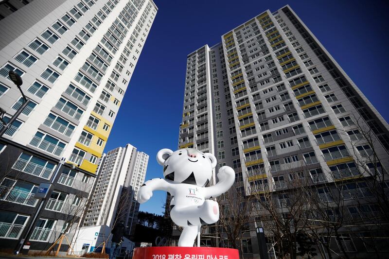 The 2018 PyeongChang Winter Olympics mascot Soohorang stands at the Gangneung Olympic Village in Gangneung, South Korea. Kim Hong-Ji / Reuters