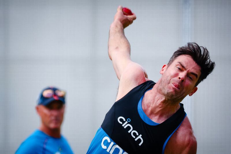 James Anderson bowls during a net training session at the Gabba in Brisbane. AFP