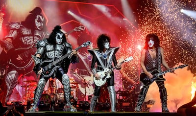 US band Kiss performs on stage during the 2022 Heavy Metal Rock Festival in Denmark. AFP