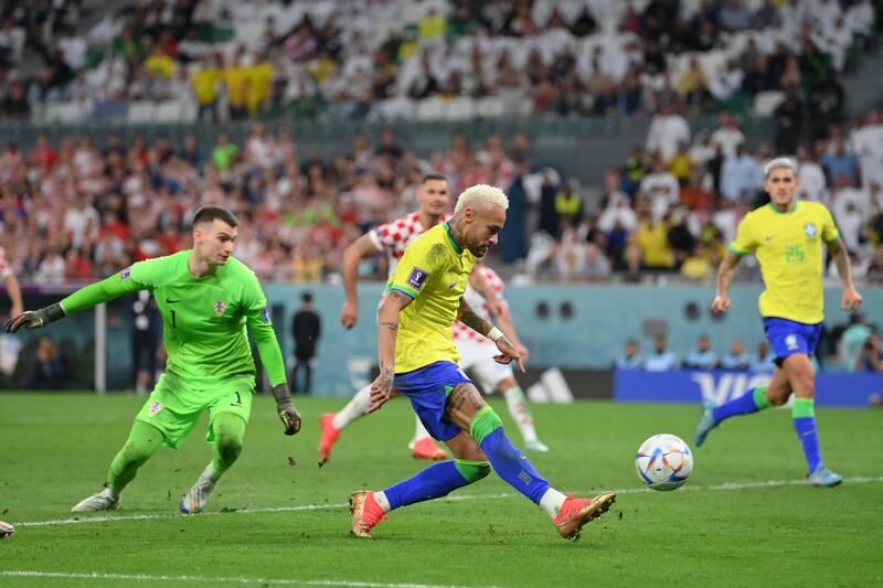 Neymar scores for Brazil. Getty