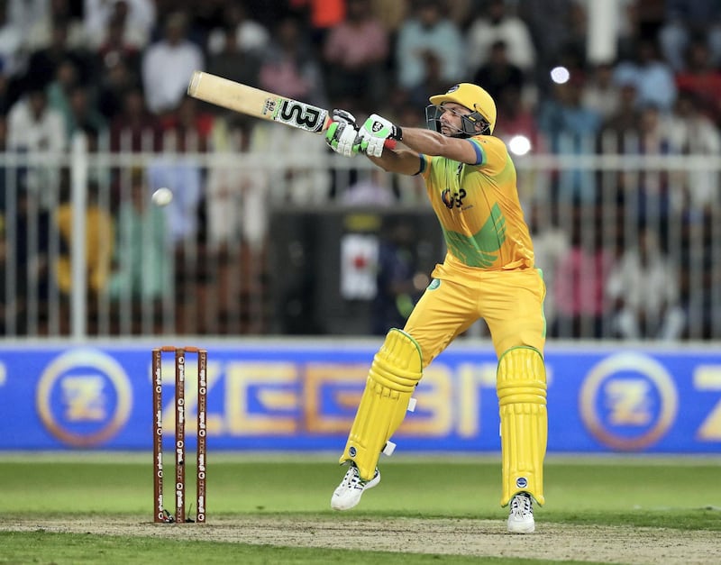 Sharjah, United Arab Emirates - November 21, 2018: Pakktoons' Shahid Afridi bats during the game between Pakktoons and Kerala Kings in the T10 league. Wednesday the 21st of November 2018 at Sharjah cricket stadium, Sharjah. Chris Whiteoak / The National