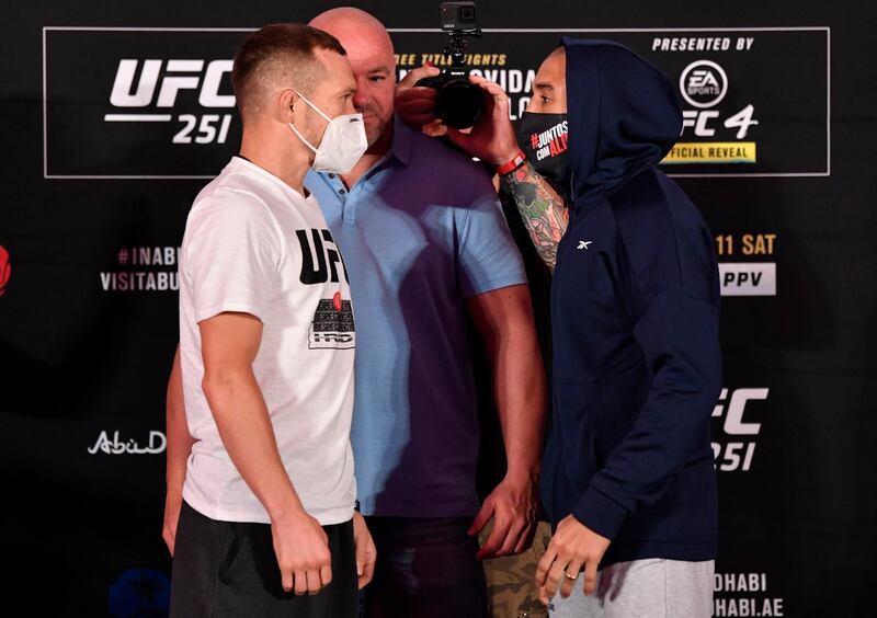 ABU DHABI, UNITED ARAB EMIRATES - JULY 10: (L-R) Opponents Petr Yan of Russia and Jose Aldo of Brazil face off during the UFC 251 official weigh-in inside Flash Forum at UFC Fight Island on July 10, 2020 on Yas Island Abu Dhabi, United Arab Emirates. (Photo by Jeff Bottari/Zuffa LLC)