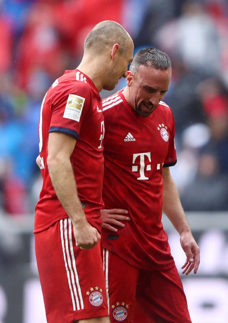 MUNICH, GERMANY - MAY 04: Arjen Robben of Bayern Munich speaks with Franck Ribery of Bayern Munich after the Bundesliga match between FC Bayern Muenchen and Hannover 96 at Allianz Arena on May 04, 2019 in Munich, Germany. (Photo by Alex Grimm/Bongarts/Getty Images)