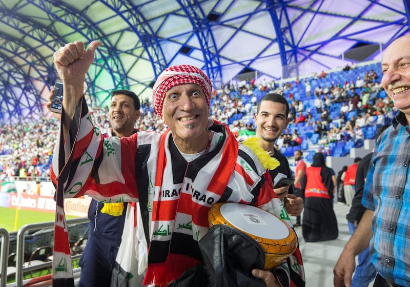 DUBAI, UNITED ARAB EMIRATES - Mahdi the cheerleader cheering for Iraq team at the Iran vs Iraq AFC Asian Cup 2019 at Rashid Al Maktoum Stadium.  Leslie Pableo for The National for Haneen Dajani's story