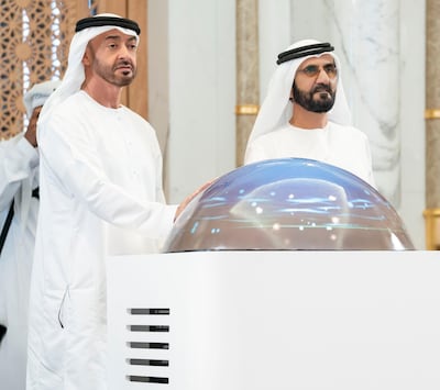 Sheikh Mohammed bin Rashid, Vice President and Ruler of Dubai, and Sheikh Mohamed bin Zayed, Crown Prince of Abu Dhabi and Deputy Supreme Commander of the Armed Forces, unveil the new Nation Brand on Wednesday. Wam