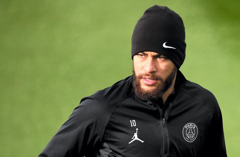 Paris Saint-Germain's Brazilian forward Neymar takes part in a training session in Saint-Germain-en-Laye, west of Paris, on March 3, 2020, on the eve of the French Cup football match between Paris Saint-Germain (PSG) and Lyon. (Photo by FRANCK FIFE / AFP)