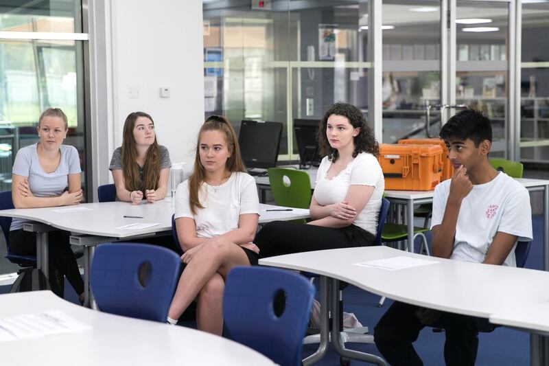 DUBAI, UNITED ARAB EMIRATES - SDEPTEMBER 2, 2018. 

Evie Fleming, second from right, Year 5, in a team building class on the first day of school at Dubai British School.

(Photo by Reem Mohammed/The National)

Reporter: Ramola TalwarSection:  NA