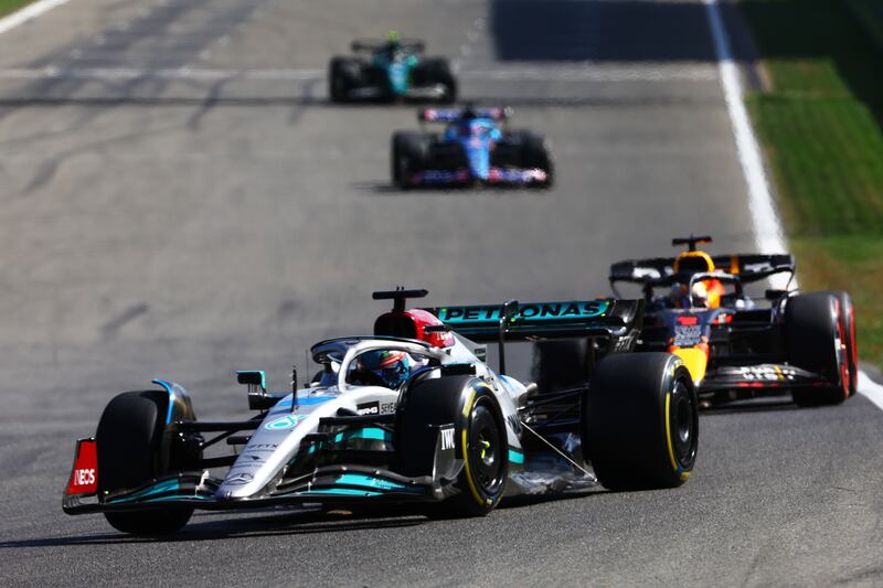 George Russell of Mercedes leads Max Verstappen of Red Bull Racing. Getty Images