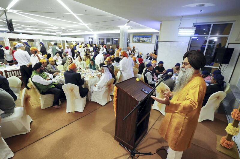 Dubai, United Arab Emirates - May 15, 2019: Baldeep Singh speaks. People take part in a multi faith Iftar at Gurunanak Darbar Sikh Gurudwara. Wednesday the 15th of May 2019. Jebel Ali, Dubai. Chris Whiteoak / The National