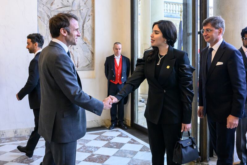 Hend Al Otaiba, the UAE ambassador to France, is received by Mr Macron