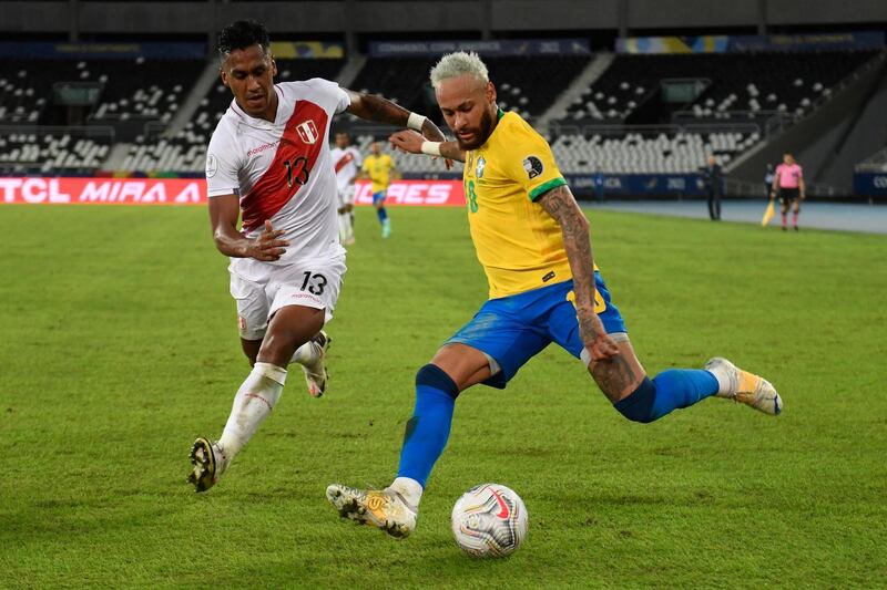 Peru's Renato Tapia and Brazil's Neymar vie for the ball during their Copa America match at the Nilton Santos Stadium in Rio de Janeiro. AFP