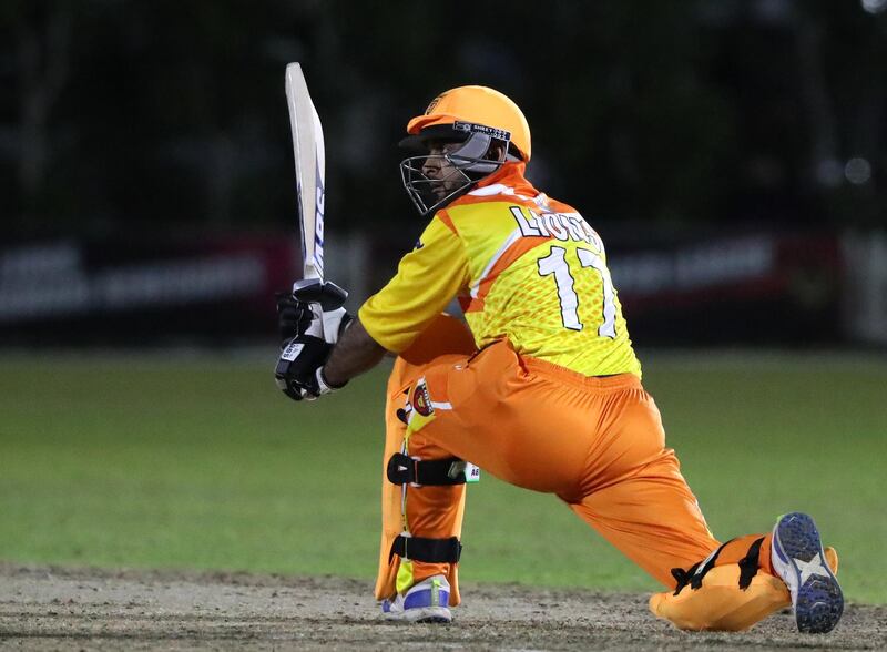 Ajman, United Arab Emirates - Reporter: Paul Radley. Sport. Cricket. Lion's Bilal Cheema hits more runs. Hawks v Lions in the Karwan Rising Stars league. Ajman. Tuesday, January 19th, 2021. Chris Whiteoak / The National