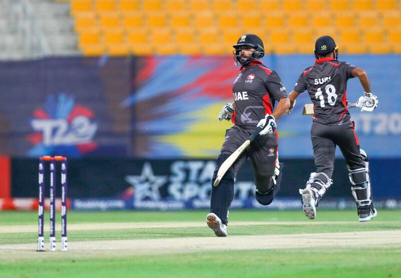 Abu Dhabi, United Arab Emirates, October 27, 2019.  
T20 UAE v Canada-AUH-
Rameez Shazad (left) and Chirag Suri  of the UAE make a run.
Victor Besa/The National
Section:  SP
Reporter:  Paul Radley