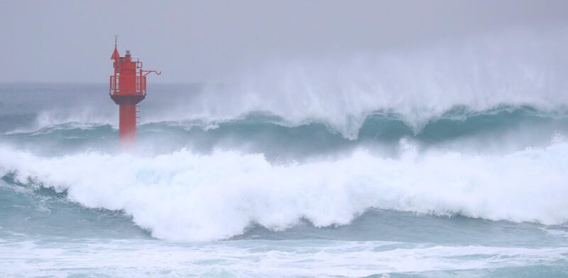 High waves are generated off the coast of the city of Seogwipo, Jeju Island, South Korea, as Typhoon Haishen approaches the Korean Peninsula.  EPA