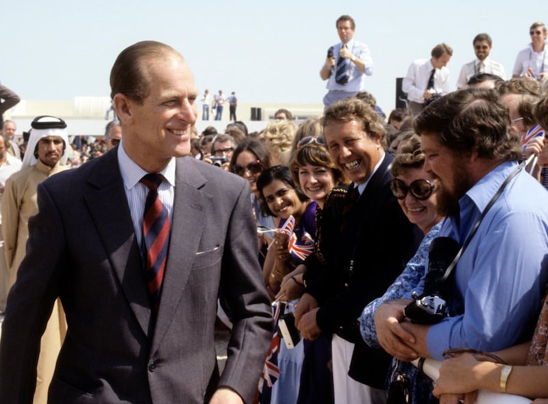 Prince Philip, Duke of Edinburgh meets wellwishers during a visit to Kuwait, February 1979. (Photo by Anwar Hussein/Getty Images)