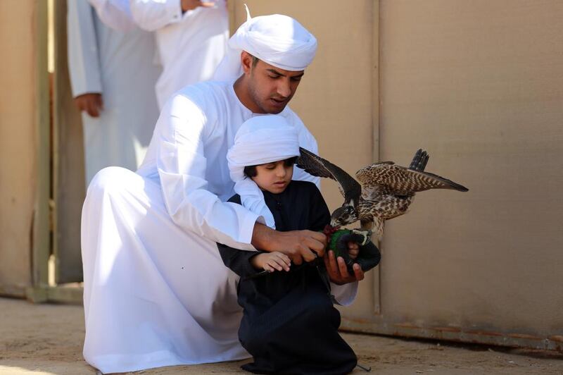 Ali Saeed Shaheen the youngest contestant of the “Fazza Championship for Falconry” for Juniors in Ruwayyah. Courtesy Hamdan Bin Mohammed Heritage Center