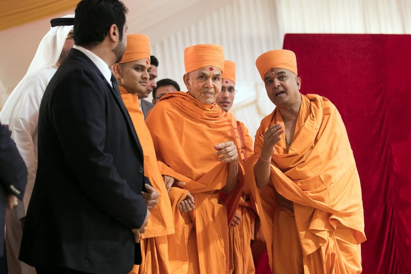 ABU DHABI, UNITED ARAB EMIRATES - April 20 2019.

His Holiness Mahant Swami Maharaj, the spiritual leader of BAPS Swaminarayan Sanstha

The Shilanyas Vidhi, The Foundation
ceremony of the first traditional Hindu Mandir in Abu Dhabi, UAE. The Vedic ceremony is performed in the holy presence of His Holiness Mahant Swami Maharaj, the spiritual leader of BAPS Swaminarayan Sanstha.

(Photo by Reem Mohammed/The National)

Reporter:
Section: NA + BZ