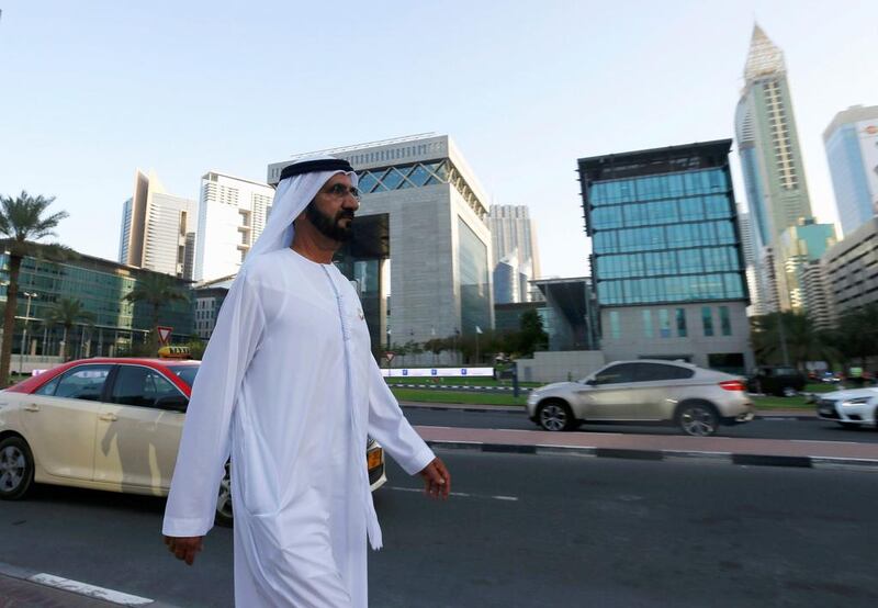 Sheikh Mohammed bin Rashid, Vice President and Ruler of Dubai, walks at Al Boursa street facing the DIFC bulding as he arrives to the official opening of the world’s first functional 3D printed offices in Dubai. Ahmed Jadallah / Reuters