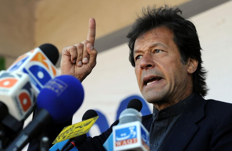 Pakistani cricketer-turned politician and President of Thereek-i-Insaaf (Justice Movement) Imran Khan speaks at a rally in the northwestern city of Peshawar on February 12, 2008.  Hundreds of activists and supporters of the All Parties Democratic Movement (APDM) held a rally against Pakistani President Pervez Musharraf and the upcoming general elections. Pakistan will hold general elections on February 18.           AFP PHOTO / Saeed KHAN / AFP PHOTO / SAEED KHAN