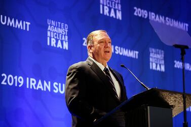 U.S. Secretary of State Mike Pompeo delivers remarks during the United Against Nuclear Iran summit, Wednesday, Sept. 25, 2019, in New York. (AP Photo/Jason DeCrow)