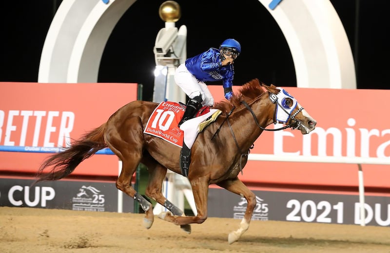 DUBAI , UNITED ARAB EMIRATES , MARCH 27  – 2021 :- MYSTIC GUIDE  (USA ) ridden by LUIS SAEZ  ( no 10  ) won the 9th horse race  Dubai World Cup 2000m Dirt  during the Dubai World Cup held at Meydan Racecourse in Dubai. ( Pawan Singh / The National ) For News/Sports/Instagram/Big Picture. Story by Amith
